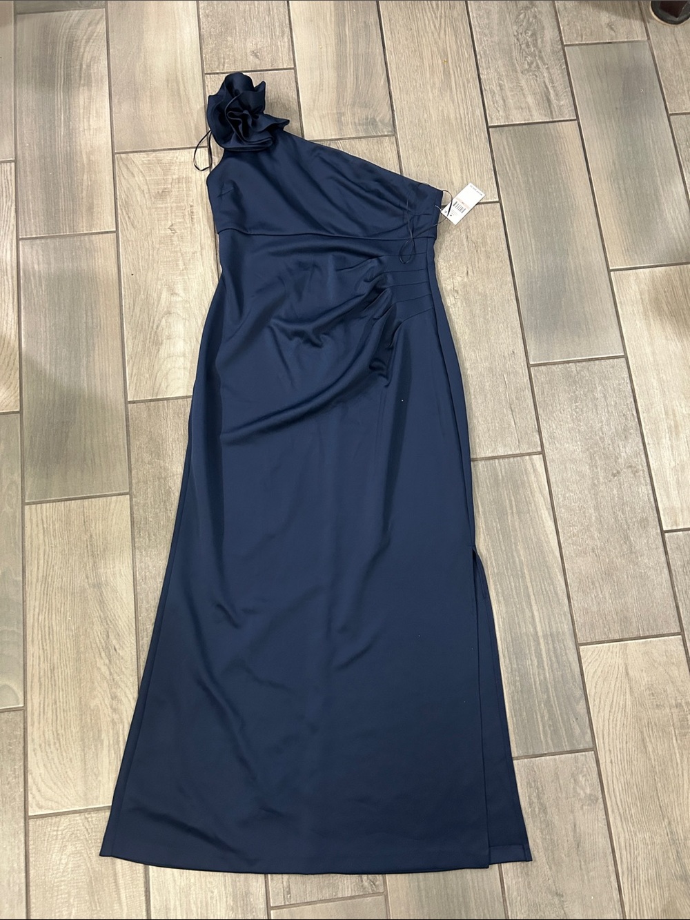 S.L. Fashions Women's Long Length Scuba One Shoulder Gown W/Flower Detail - Picture 4 of 8